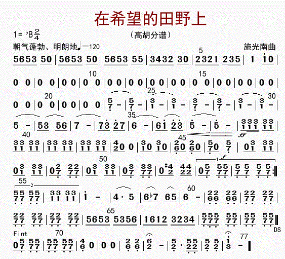 在希望的田野上（高胡）（高胡谱）